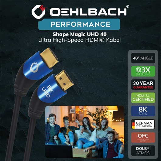 Oehlbach: Ultra high-speed HDMI kabel 40°-stekker - 1.0M - Zwart